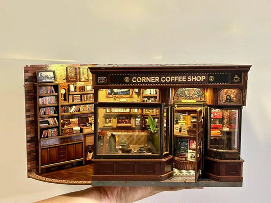 Wooden Craft Corner Coffee Shop House DIY Miniature Openable Side Door, Home Décor Birthday Christmas Gifts for Friends, and Families