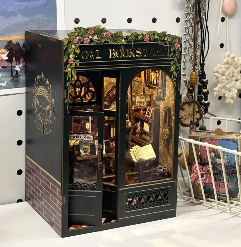 Small Size Wooden Craft Owl Bookstore DIY Miniature Book Nook, Home Décor Birthday Christmas Gifts for Friends, Girlfriend and Families